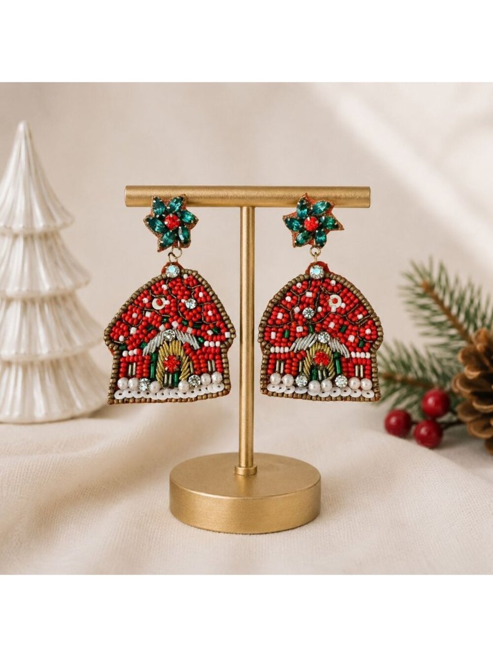Christmas Beaded Gingerbread House Earrings Dangle Holiday Statement Jewelry
